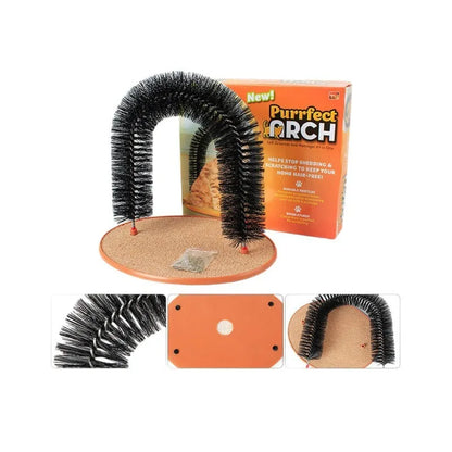Arched cat grooming toy with built-in brush bristles for scratching and rubbing, made from durable plastic
