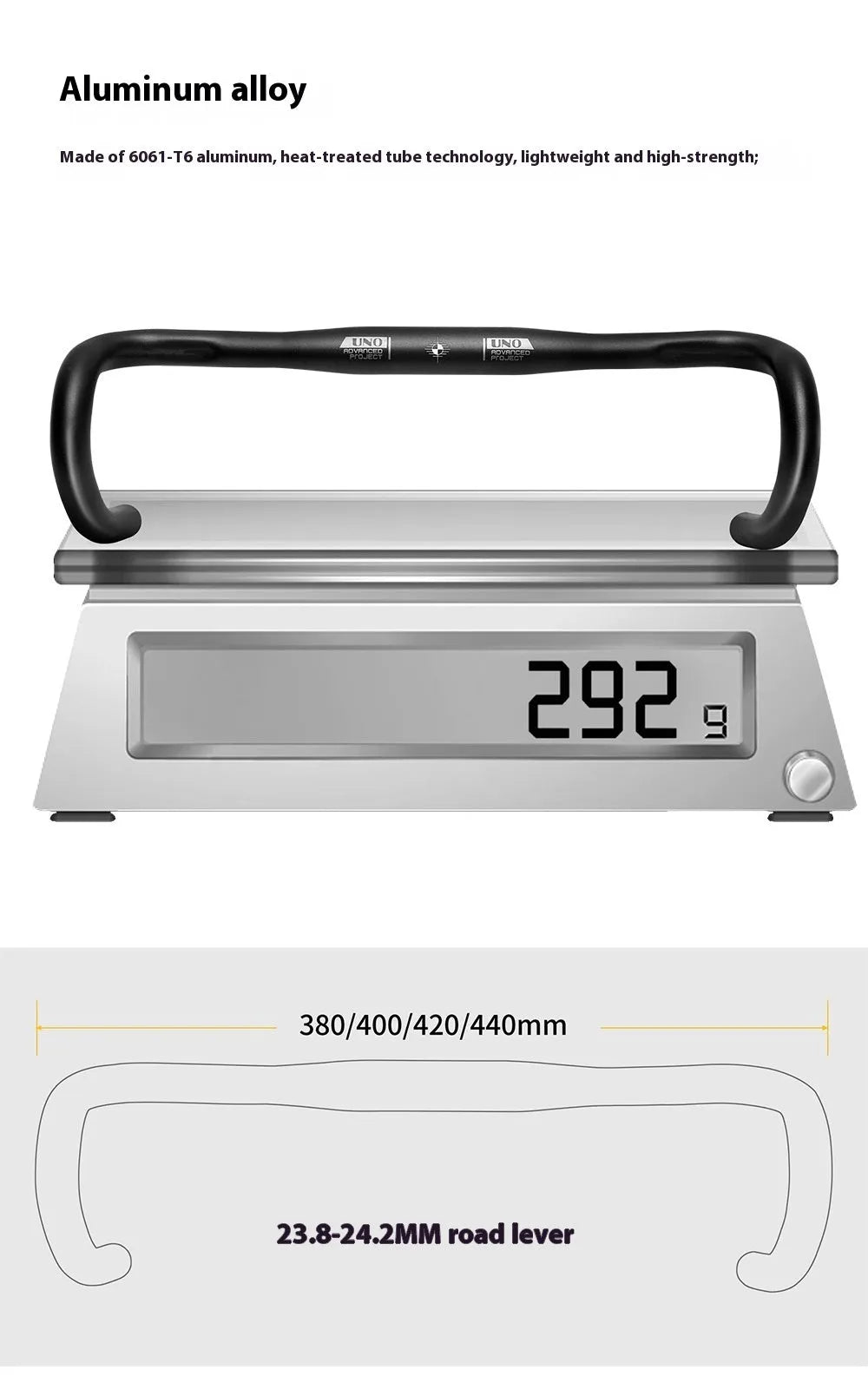 Black aluminium alloy road bike drop handlebar with printed UNO logo showing bend profile