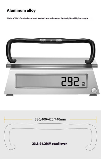 Black aluminium alloy road bike drop handlebar with printed UNO logo showing bend profile