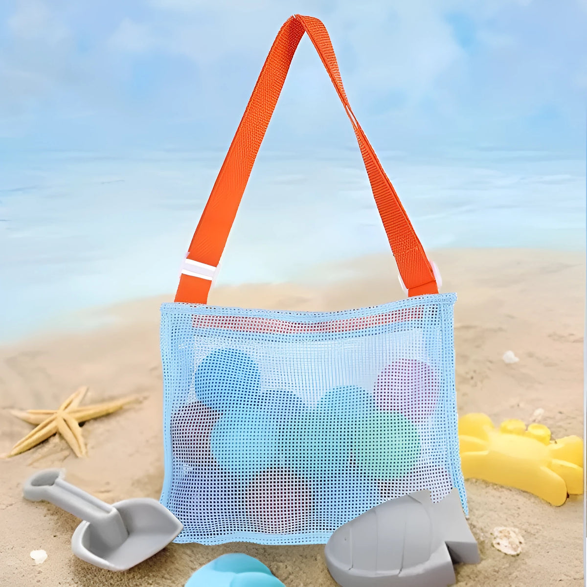 Blue children's drawstring travel storage bag made of nylon mesh for organising toys and clothes.