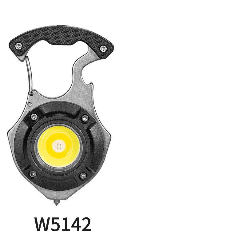 Multifunctional keychain flashlight with window breaker and screwdriver, showing Type-C charging port and LED display.
