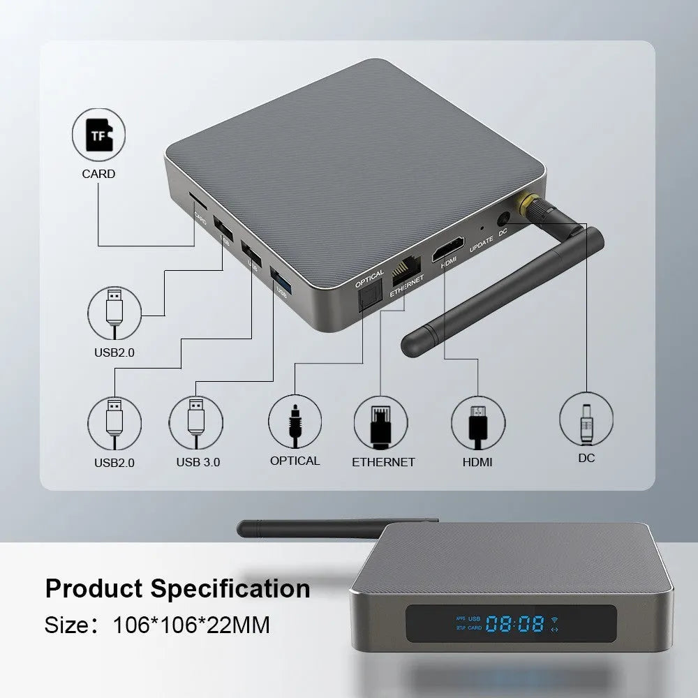 Android TV set-top box with remote control, supporting 8K resolution and Bluetooth.