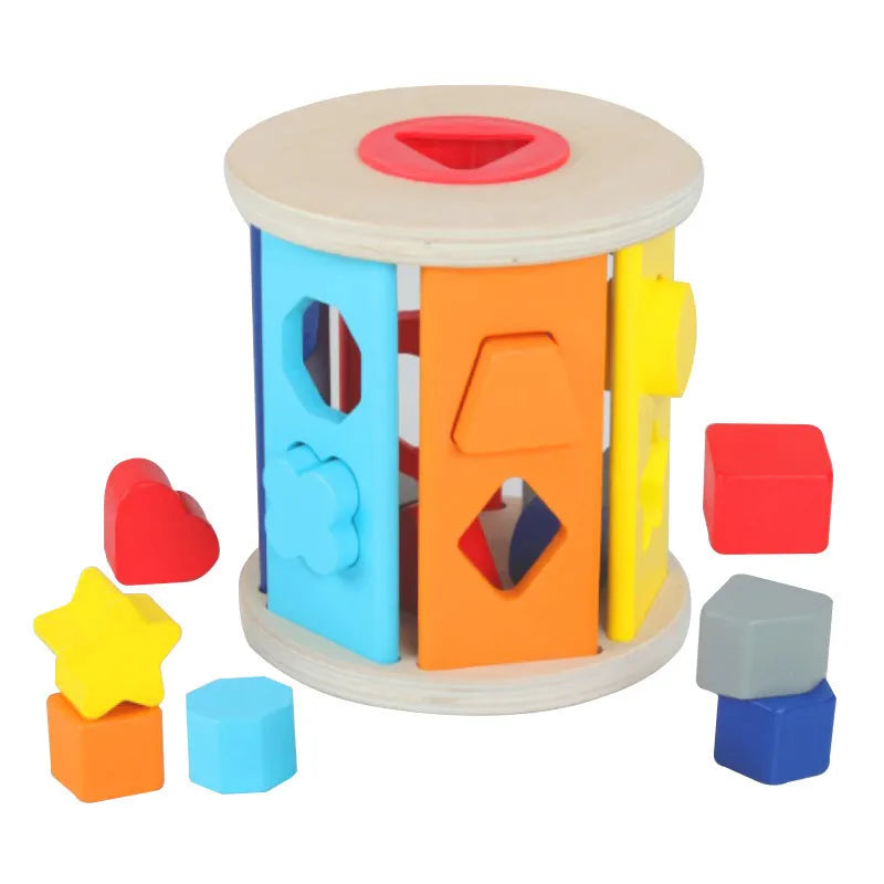 Wooden geometric shape matching building blocks for infants with multiple hole configurations