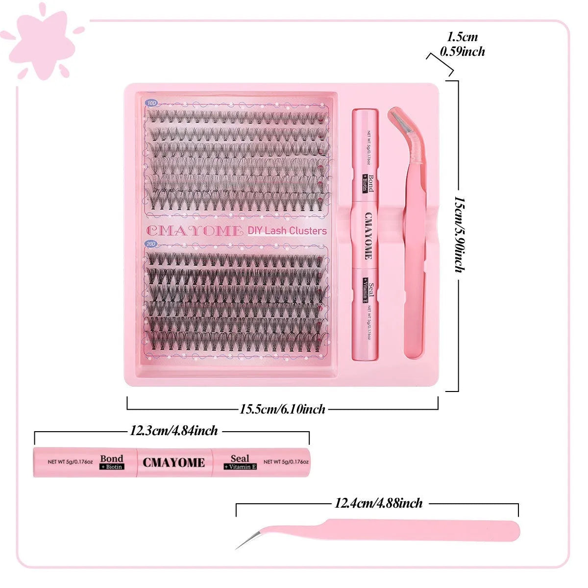 DIY single cluster false eyelashes set showing artificial fibre lashes in a natural thick, mixed split style.