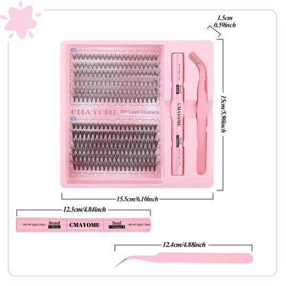 DIY single cluster false eyelashes set showing artificial fibre lashes in a natural thick, mixed split style.