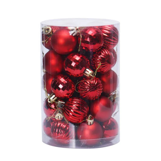 Assortment of 34 round 4cm plastic Christmas baubles in gold, silver, red, blue, and other colours.