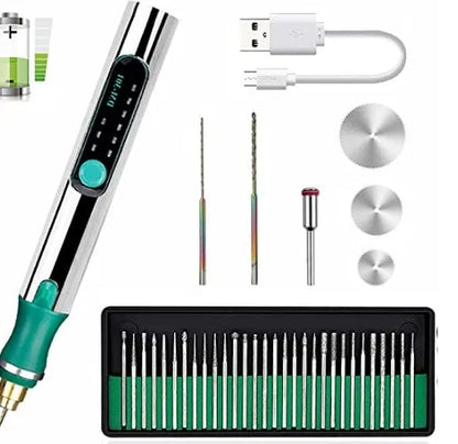Electric engraving pen with USB charging cable and accessories including grinding heads, cutting plates, and drill bits
