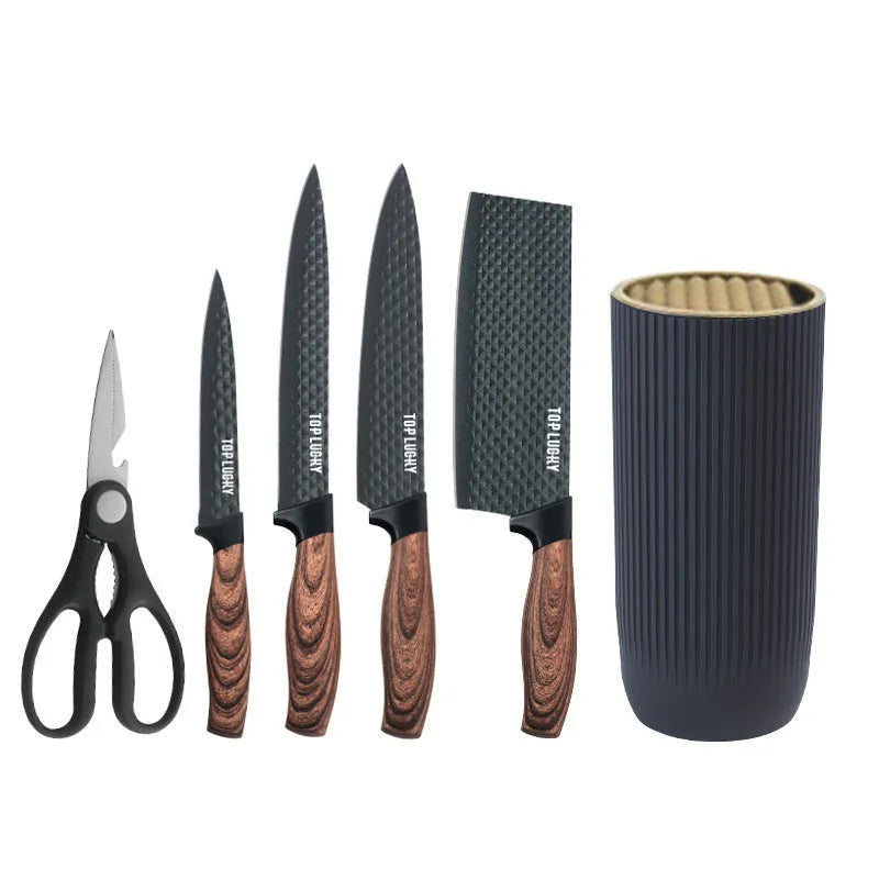 Five-piece kitchen knife set with stainless steel dish knife, scissors and khaki wood grain PP TPR handles