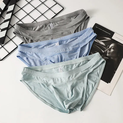 Modal low waist briefs in dark gray, green, sky blue, pink, and colorful blue with jacquard ice silk finish, sizes M to XXL.