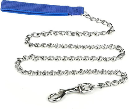 Heavy duty metal dog leash with black chain and soft padded handle, measuring 120cm in length