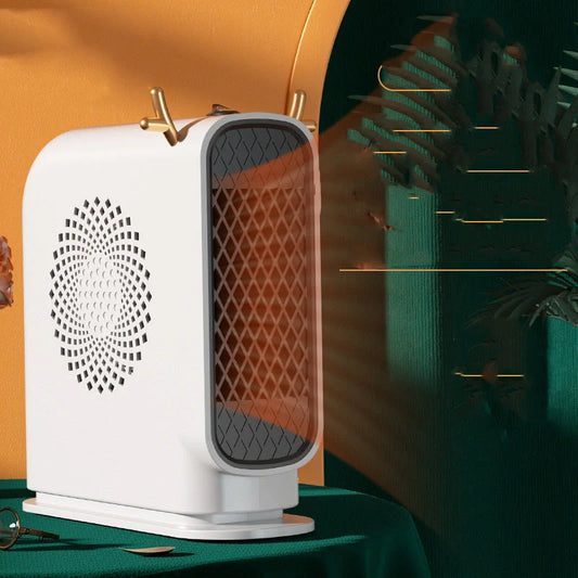 Compact desktop heater in white, green, and yellow for small space warming