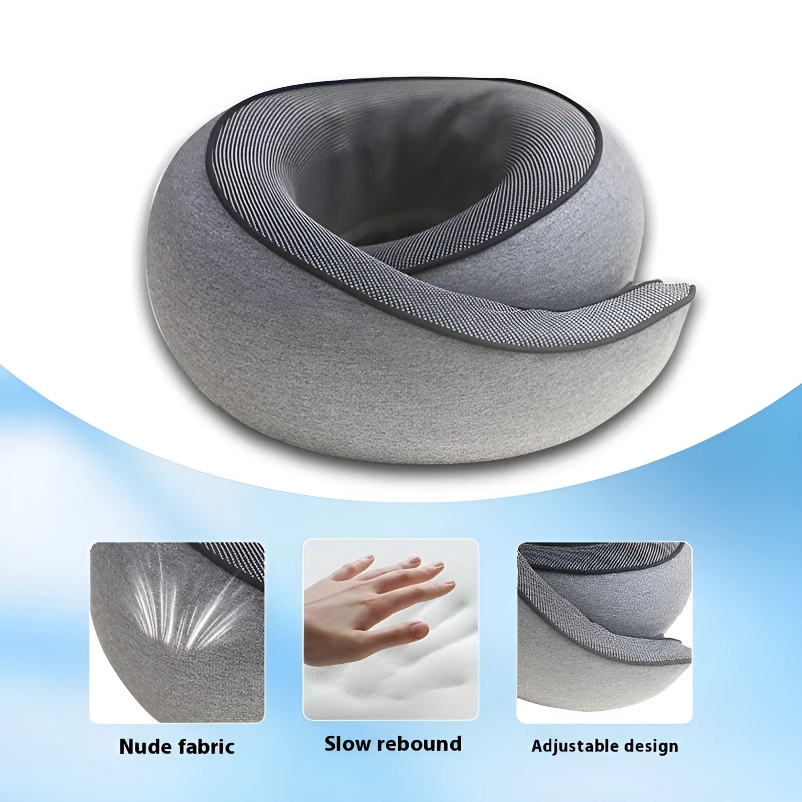 U-shaped memory foam neck pillow for travel shown with its storage bag.