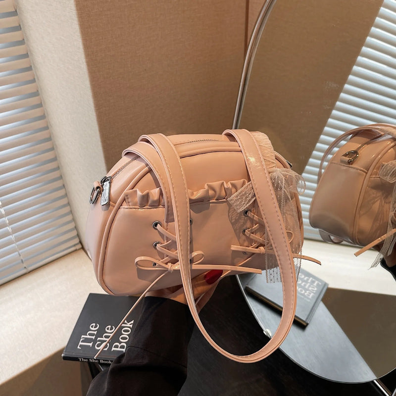 Women's Fashion PU Leather Bandage Bow Handbag Shoulder Bag with mobile phone compartment in Milky White, Black, Pink, or Blue casual style bag for everyday use and outings