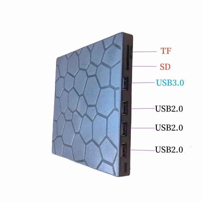Black external USB CD drive burner with compact dimensions for portable disc reading and writing.