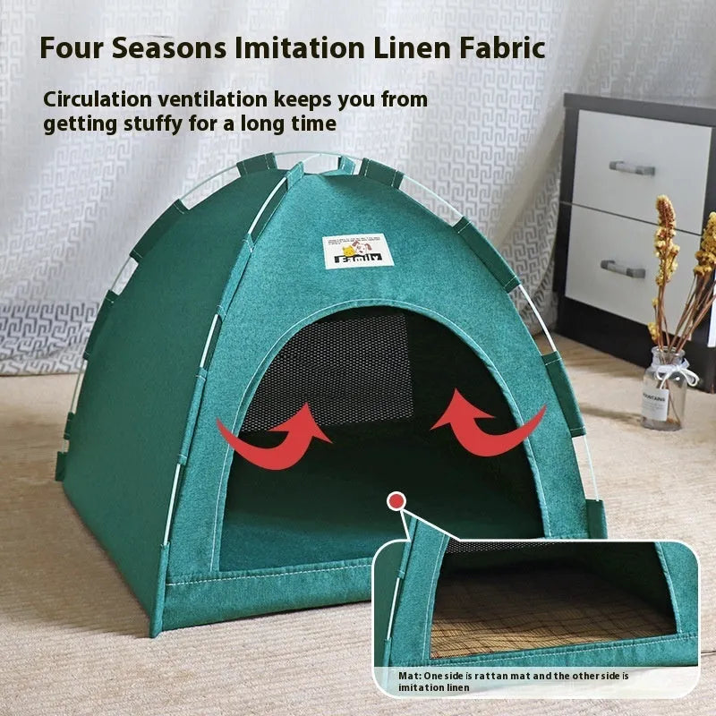 Grey linen-like fabric tent pet bed for cats and small dogs, showing enclosed design with removable cover.