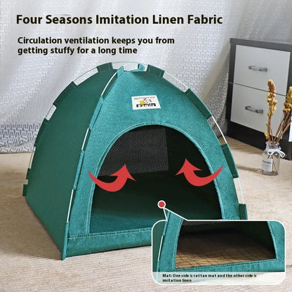 Grey linen-like fabric tent pet bed for cats and small dogs, showing enclosed design with removable cover.