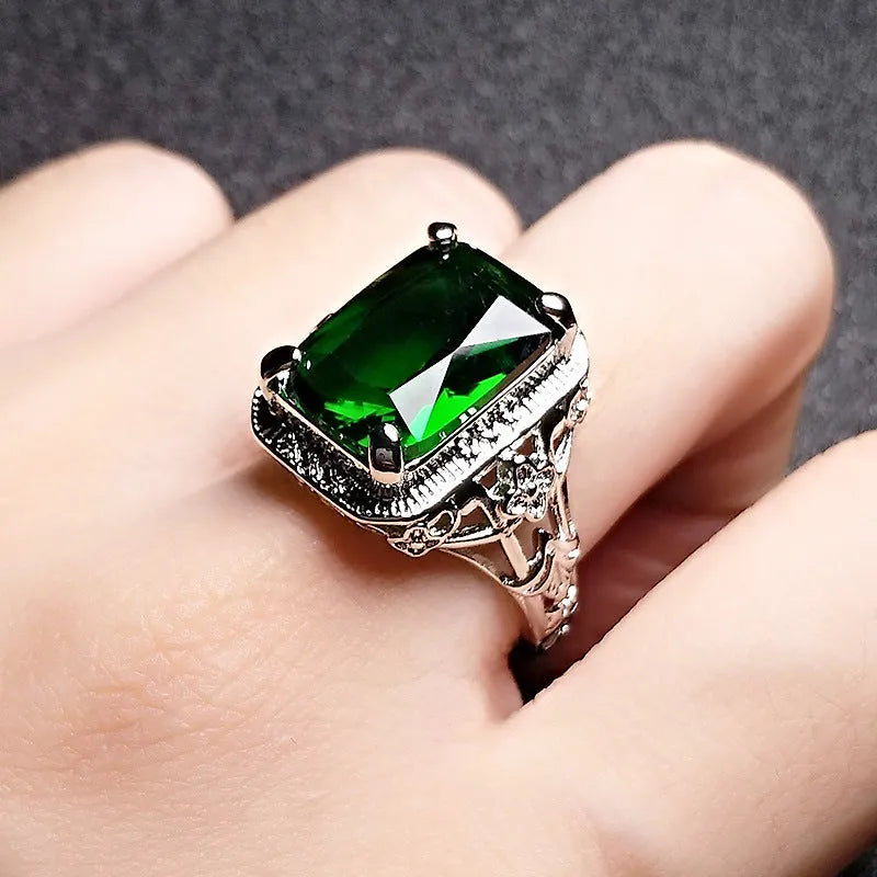 Women's adjustable geometric ring with pigeons-blood ruby stones in platinum colour finish