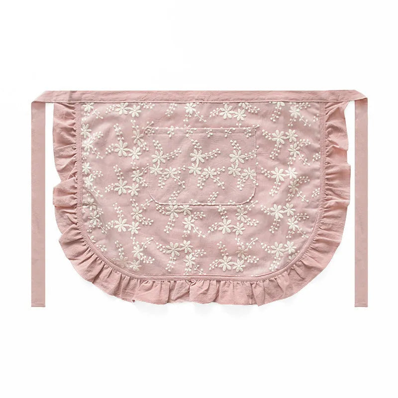 Cotton linen kitchen apron with lace-trimmed X straps in solid colour