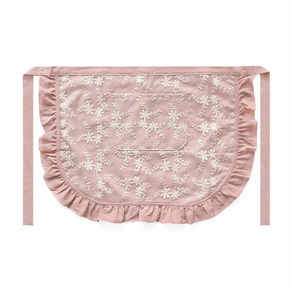 Cotton linen kitchen apron with lace-trimmed X straps in solid colour
