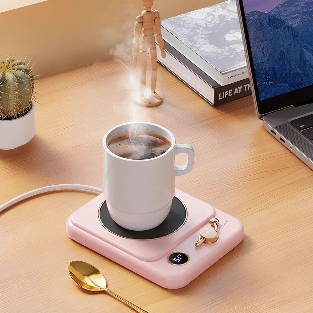 White plated collage desktop warming pad with digital temperature display showing current heating status