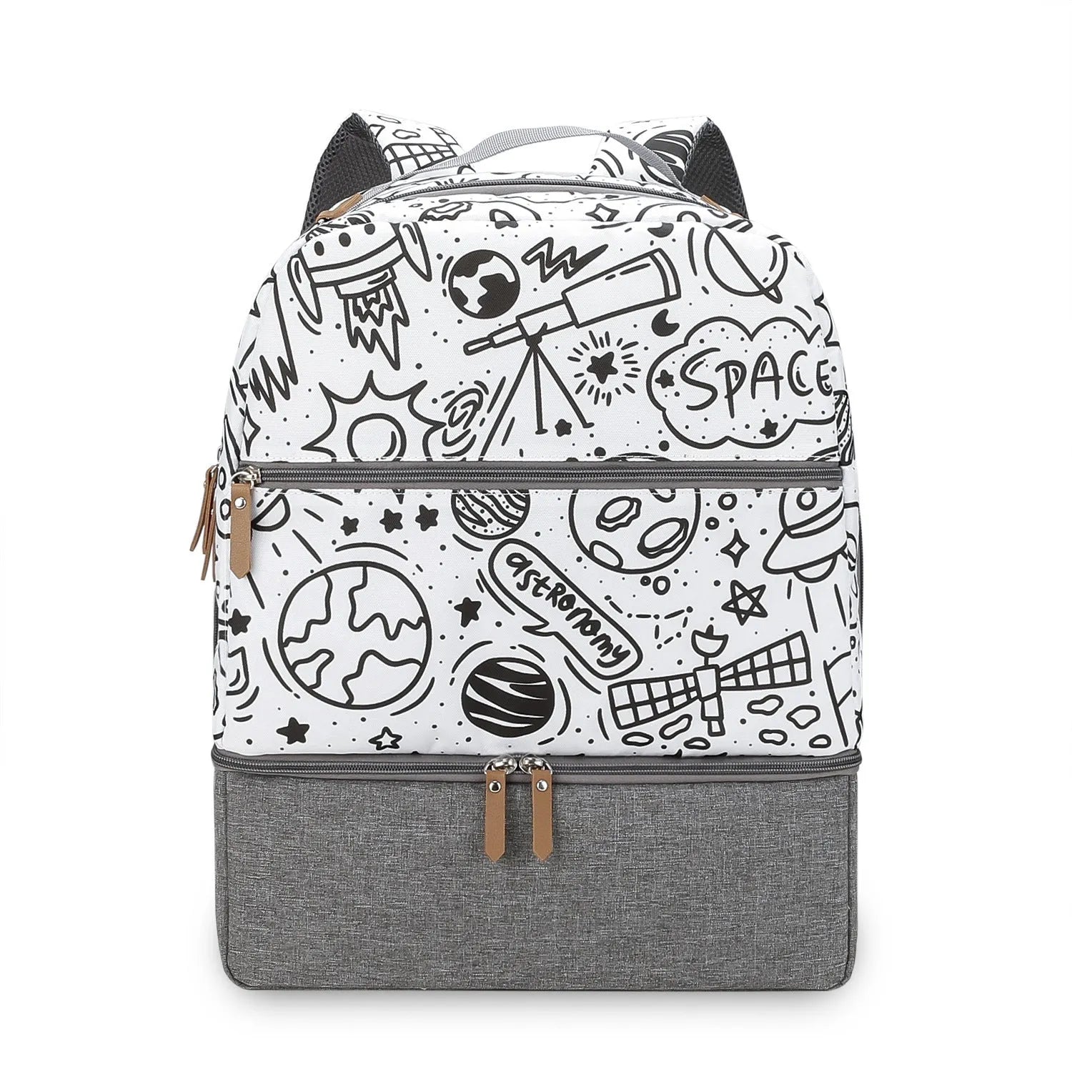 Grey insulated mother and child travel backpack with curved shoulder straps shown from the side