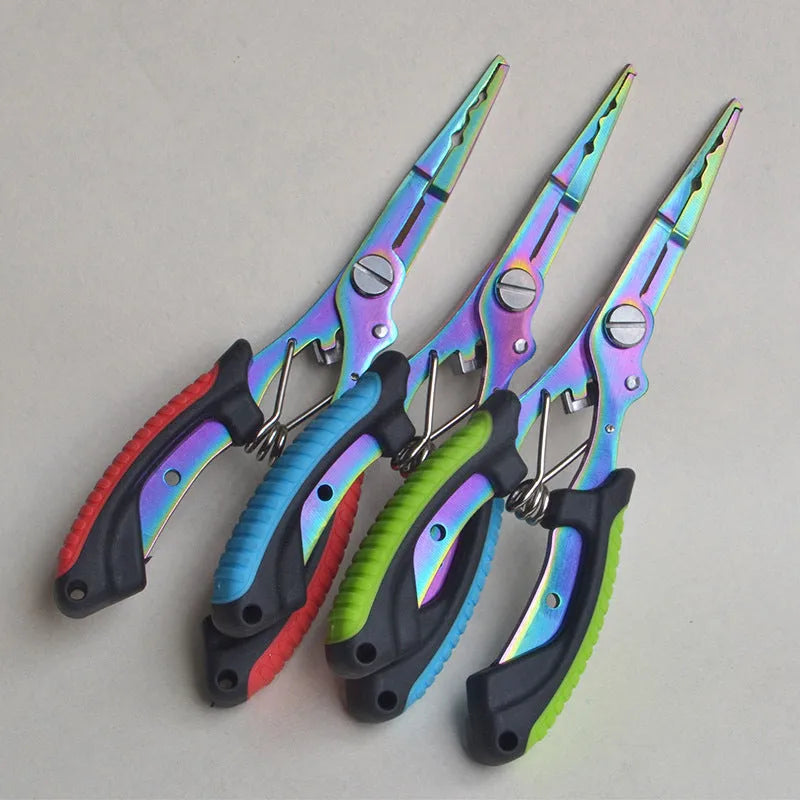 SS420 steel fishing pliers with ABS plastic handle in blue, green or red, shown with nylon bag and carrying strap
