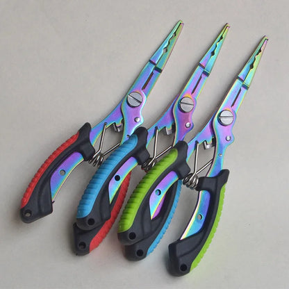 SS420 steel fishing pliers with ABS plastic handle in blue, green or red, shown with nylon bag and carrying strap