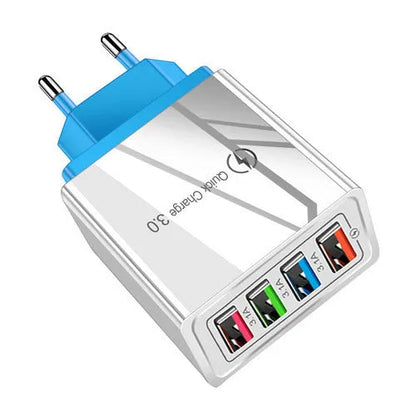 Four-port USB mobile phone charging head with luminous indicator in multiple colour options