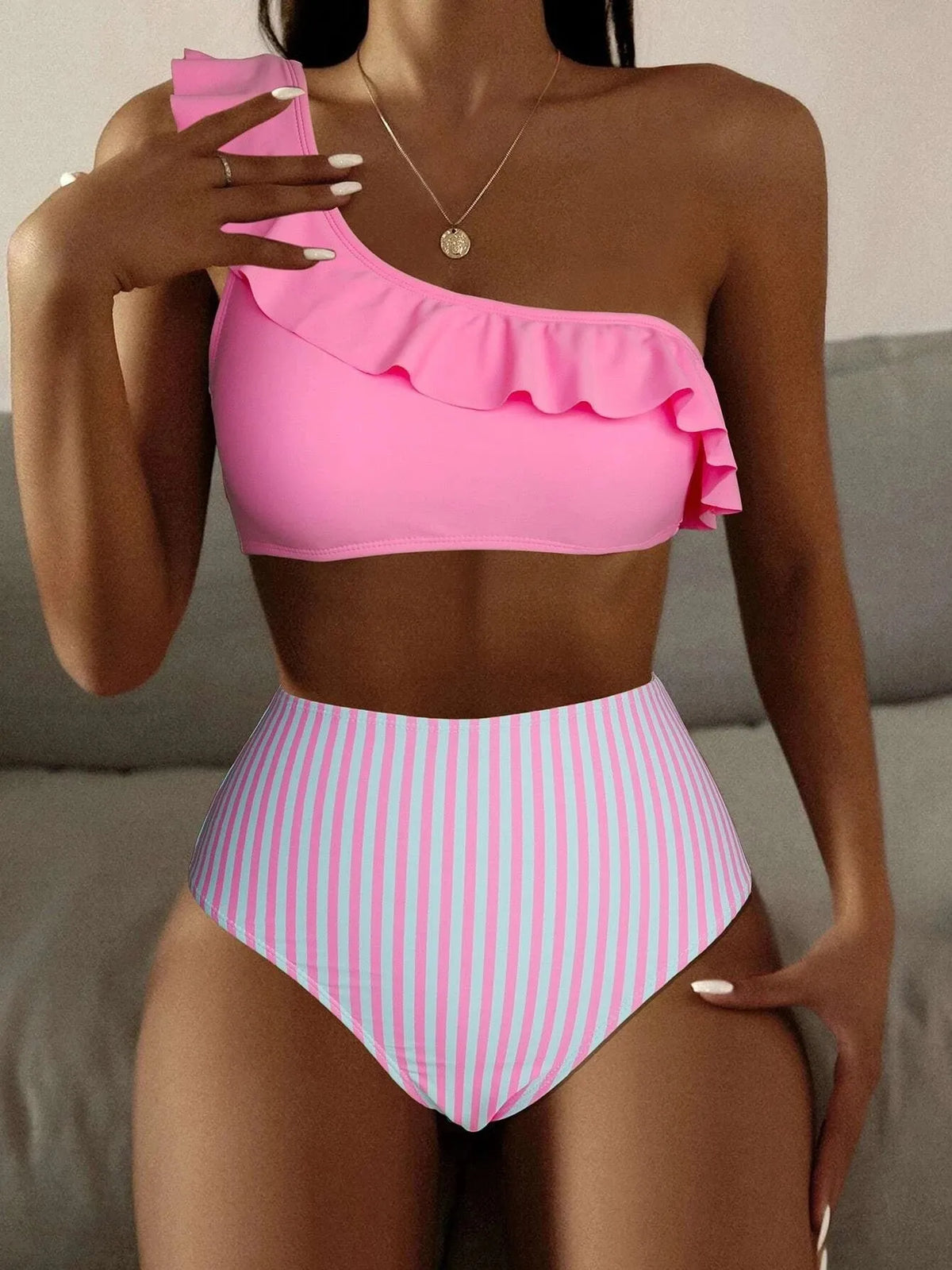 Women's striped split design bikini swimsuit in Army Green colour with V-neck sleeveless style