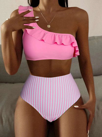 Women's striped split design bikini swimsuit in Army Green colour with V-neck sleeveless style