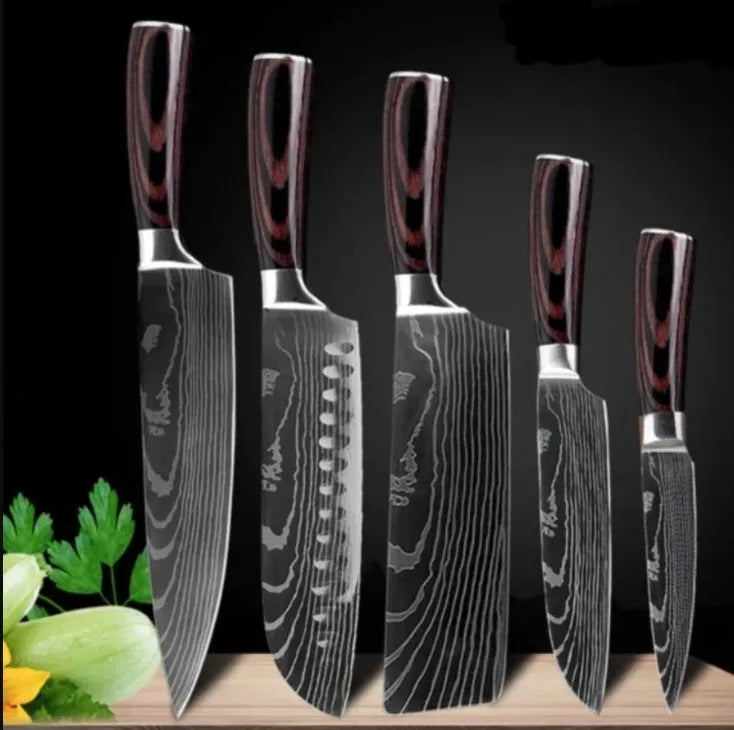 7-inch chef knife with laser Damascus pattern on blade and coloured steel handle on a cutting board.