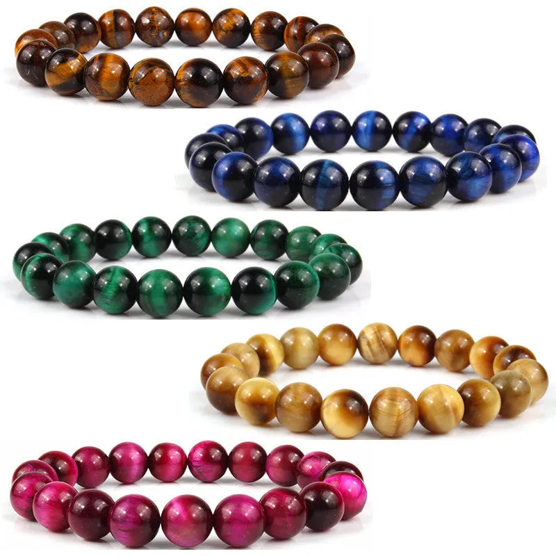Natural tiger eye crystal bead bracelet showing round geometric beads on a wrist, available in multiple sizes and colour variations.