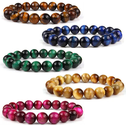 Natural tiger eye crystal bead bracelet showing round geometric beads on a wrist, available in multiple sizes and colour variations.