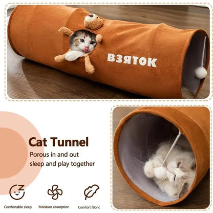 Collapsible cat tunnel in grey with attached plush ball, showing folded and extended positions