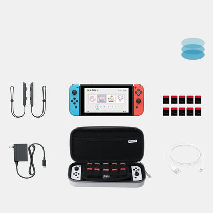 Nintendo Switch storage clutch case in grey, showing size and portable handbag design.