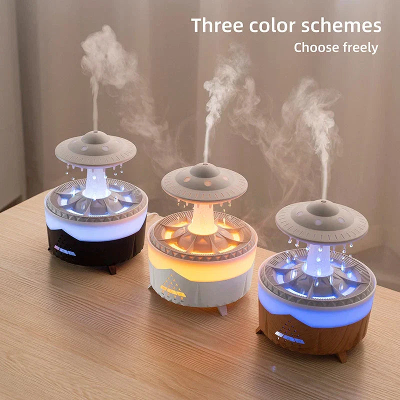 Relaxing cloud-shaped humidifier with raindrop sound, essential oil diffusion, and colorful lighting