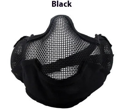 Carbon steel net protective face mask in camouflage pattern for outdoor field use.