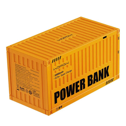 Yellow 50000mAh portable power bank with digital display showing battery percentage and five output ports.
