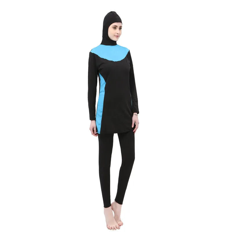 Conservative black women's swimsuit with long sleeves, a hood, and rose red trim.