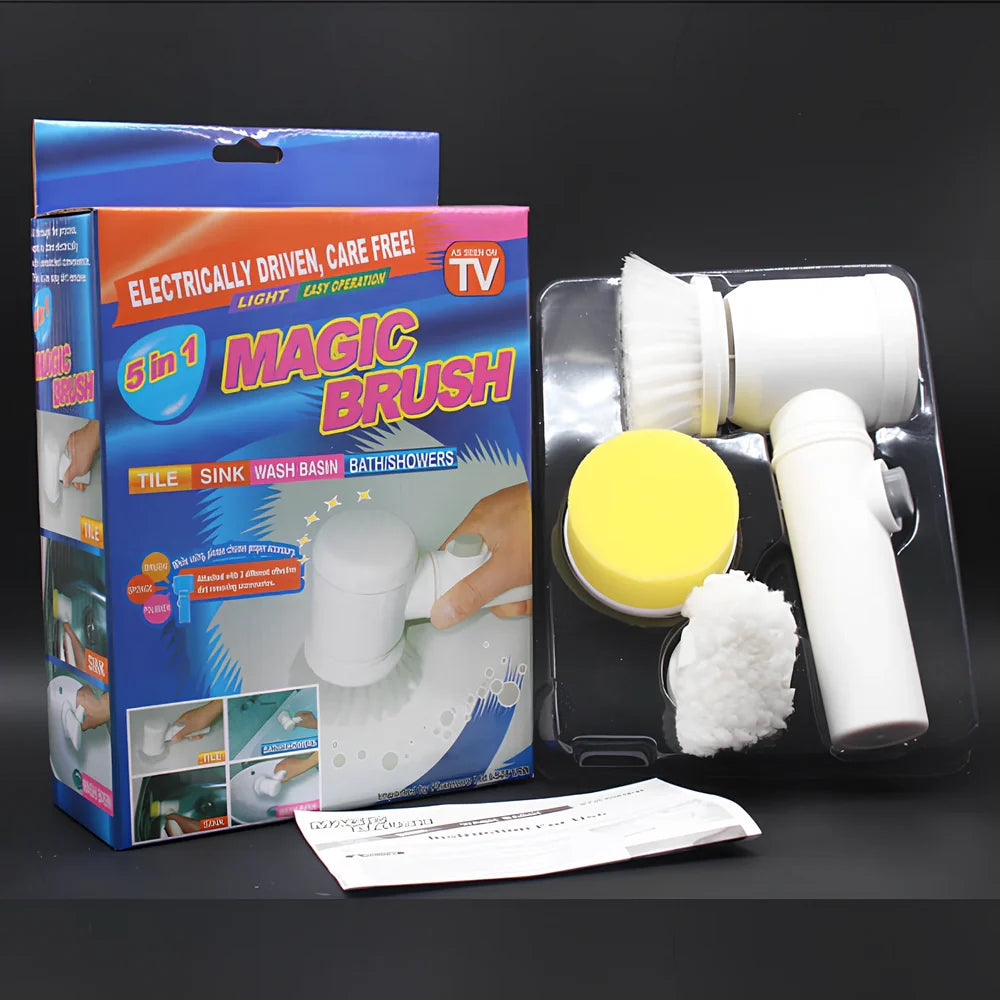 Electric cleaning brush with five interchangeable heads and rechargeable battery for kitchen and bathroom surfaces