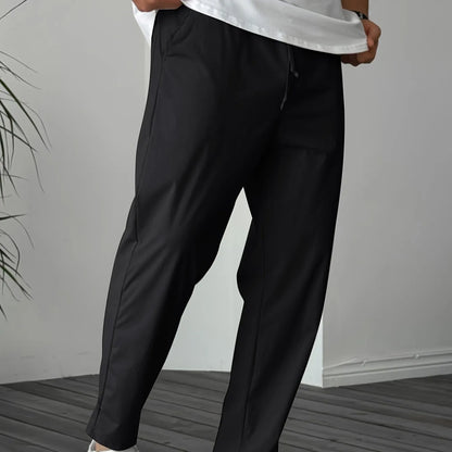 Men's khaki drawstring trousers with ribbon-trim pockets and straight-leg fit