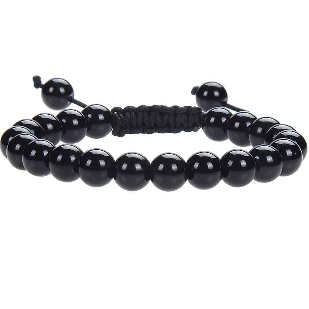 Women's flat knot braided healing bracelet hand-woven with natural gemstone beads in geometric pattern