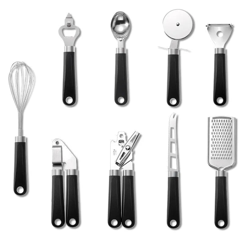 Nine-piece kitchen utensil set with stainless steel heads and plastic handles in four colour variations