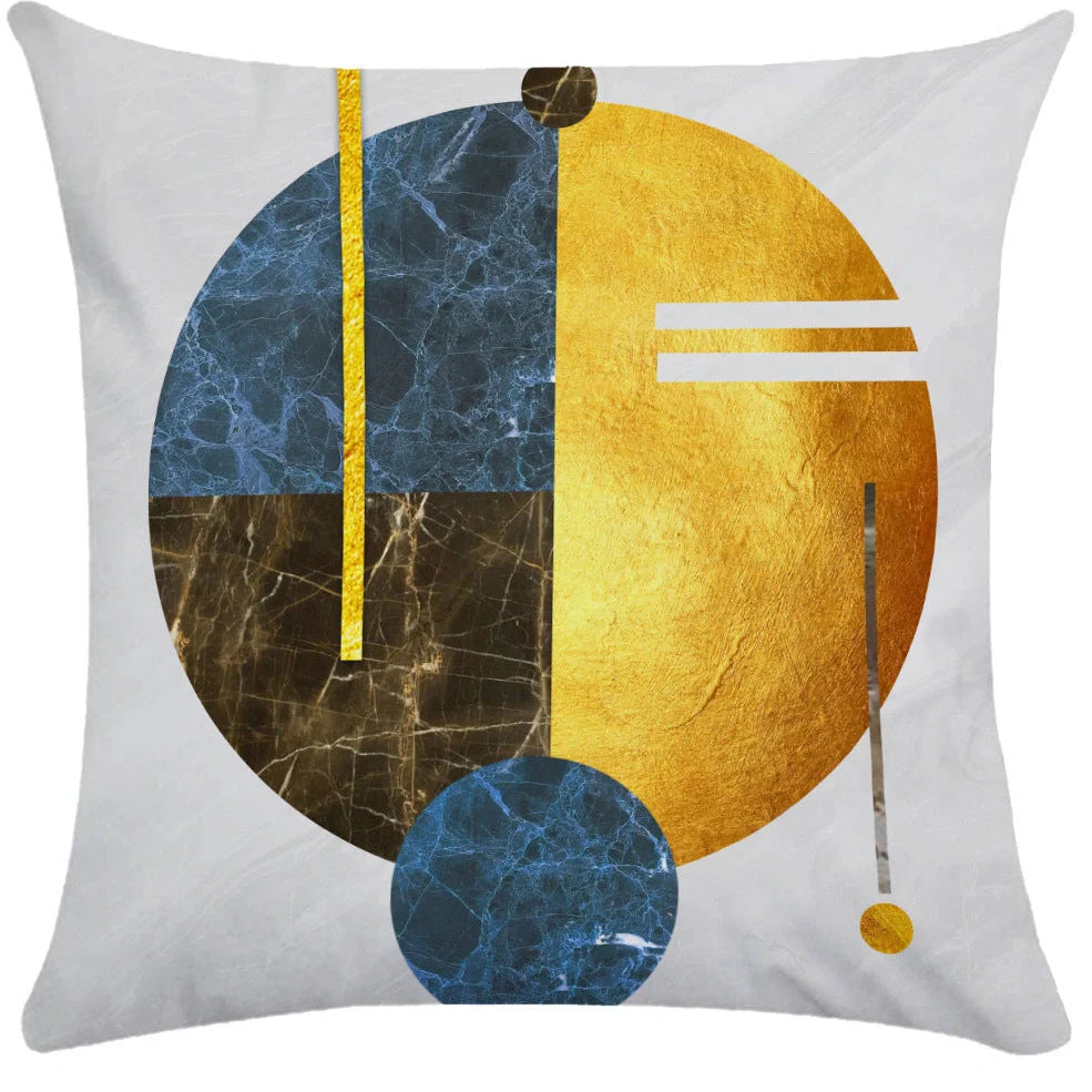 Geometric pattern throw pillow on office sofa showing 45x45cm size with ultra-flexible printing