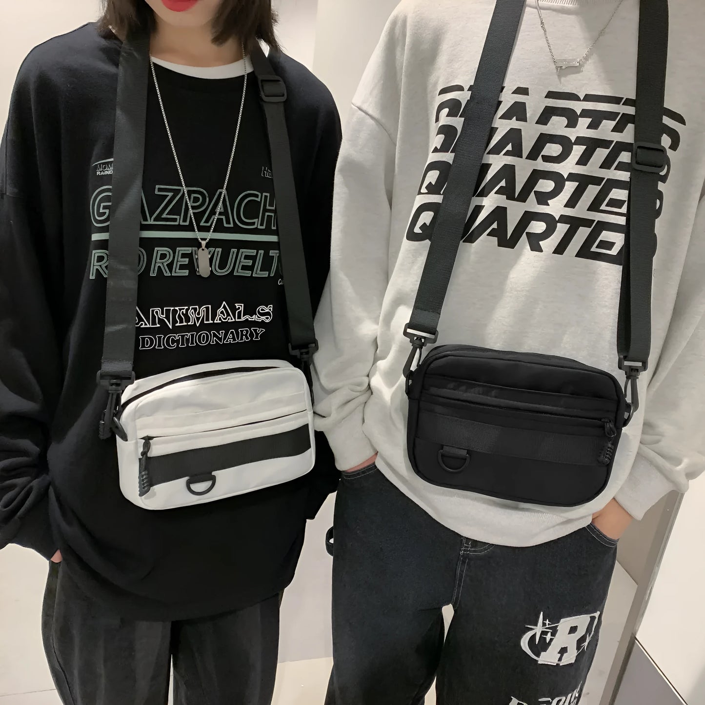 Men's street style nylon messenger bag in solid colour with sewing thread details and crossbody strap