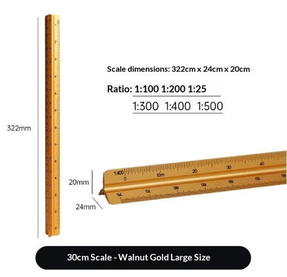 30cm triangular ruler in carbon black, prism blue, star silver or walnut gold, plastic or aluminium alloy, large or small scale