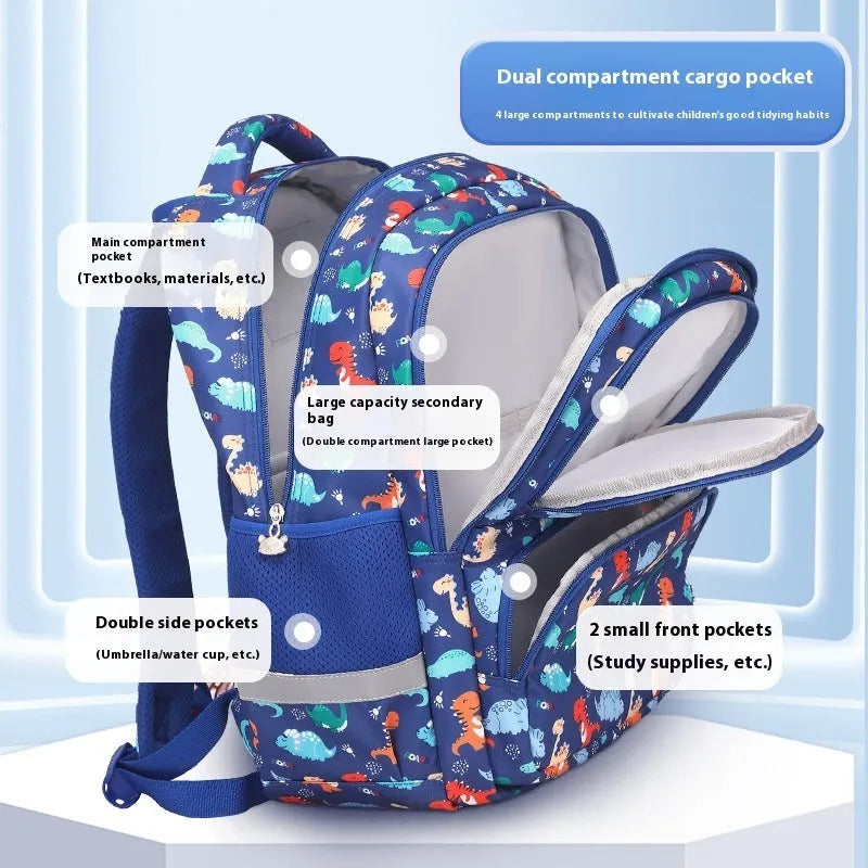Blue children's school backpack with dinosaur pattern, showing curved shoulder straps and front pocket.