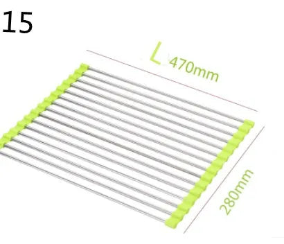 Folding stainless steel kitchen drain rack with coloured plastic tubes, shown open for use.