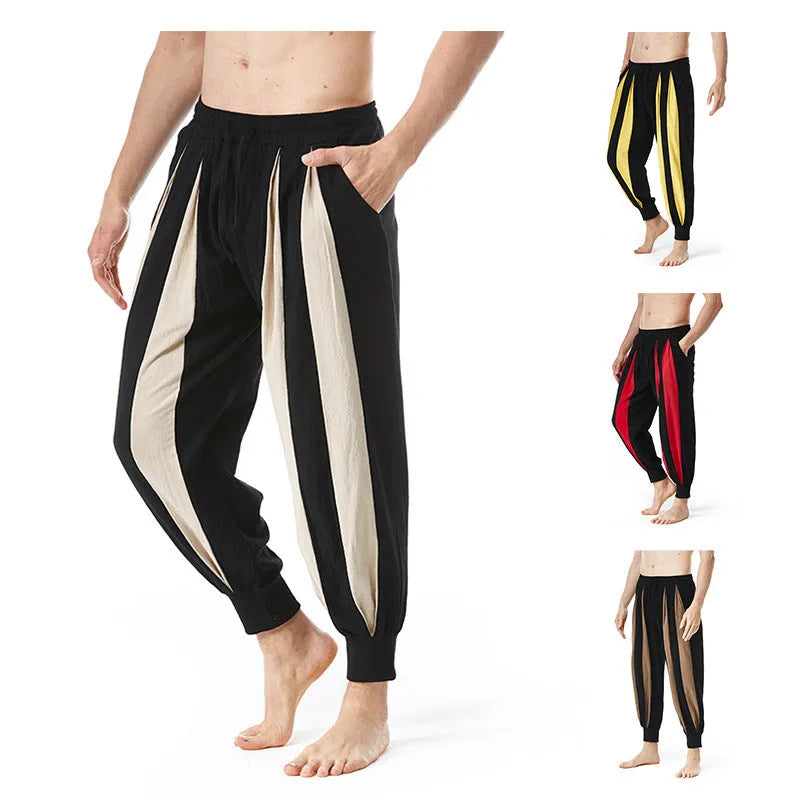 Men's straight-leg polyester casual trousers in red, khaki, yellow or brown colours
