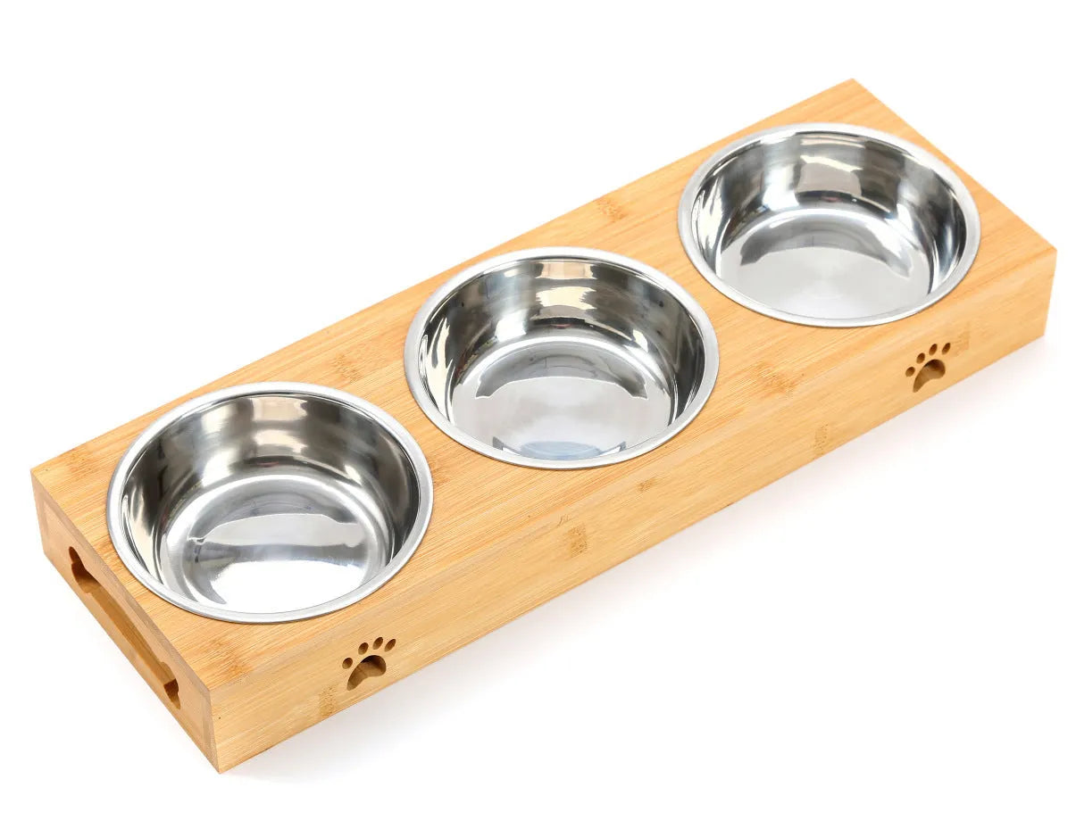 Solid wood pet dining table with elevated stainless steel feeding bowls for cat or dog